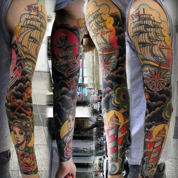 Magnificent painted and colored nautical themed tattoo on sleeve