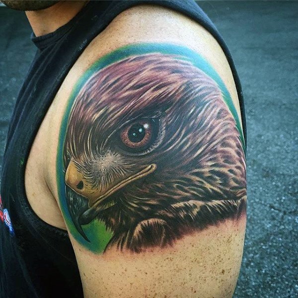 Magnificent painted and detailed big eagle head tattoo on upper arm