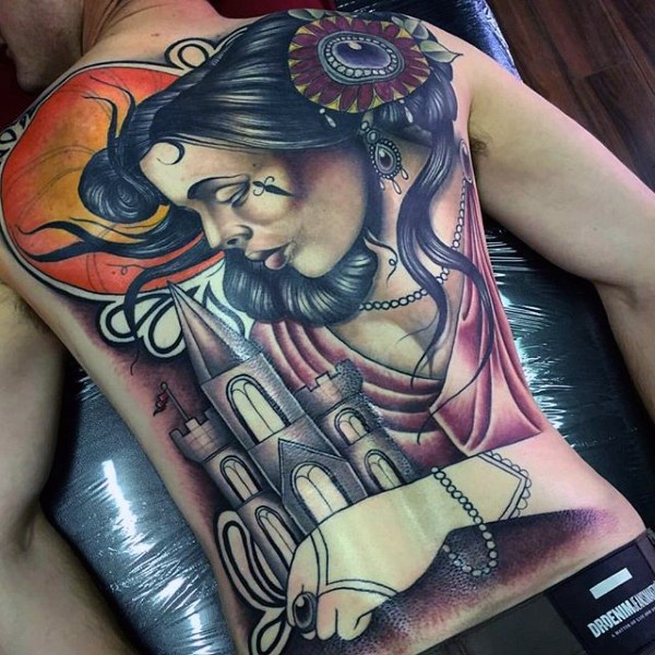 Magnificent painted very detailed cute woman with castle tattoo on whole back