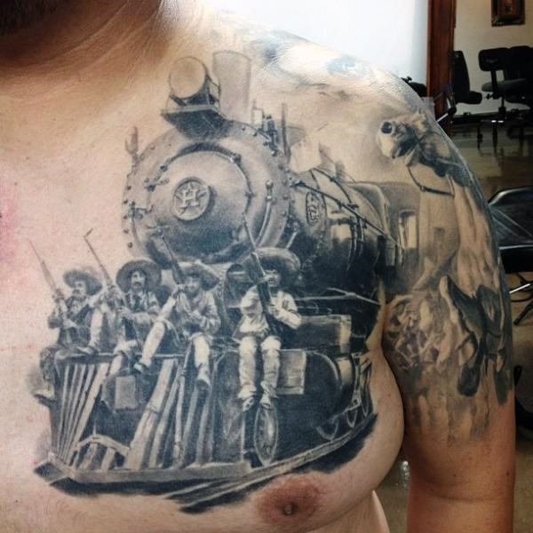 Prächtig gemalter sehr detaillierter alter westlicher Zug mit Cowboys Tattoo an der Brust