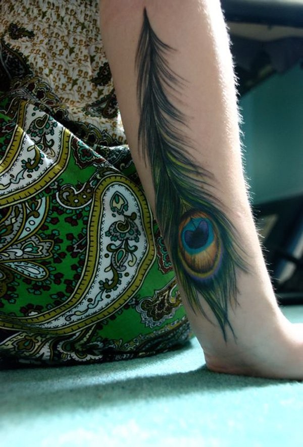 Herrliche Pfauenfeder natürlich gefärbtes Unterarmlänge Tattoo in Realismusart