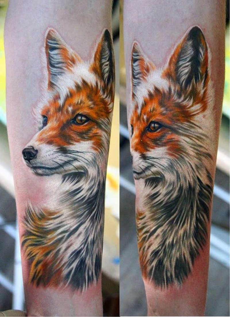 Magnificent super 3D realistic naturally colored detailed fox tattoo