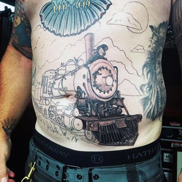Magnificent unfinished realistic western train tattoo on belly
