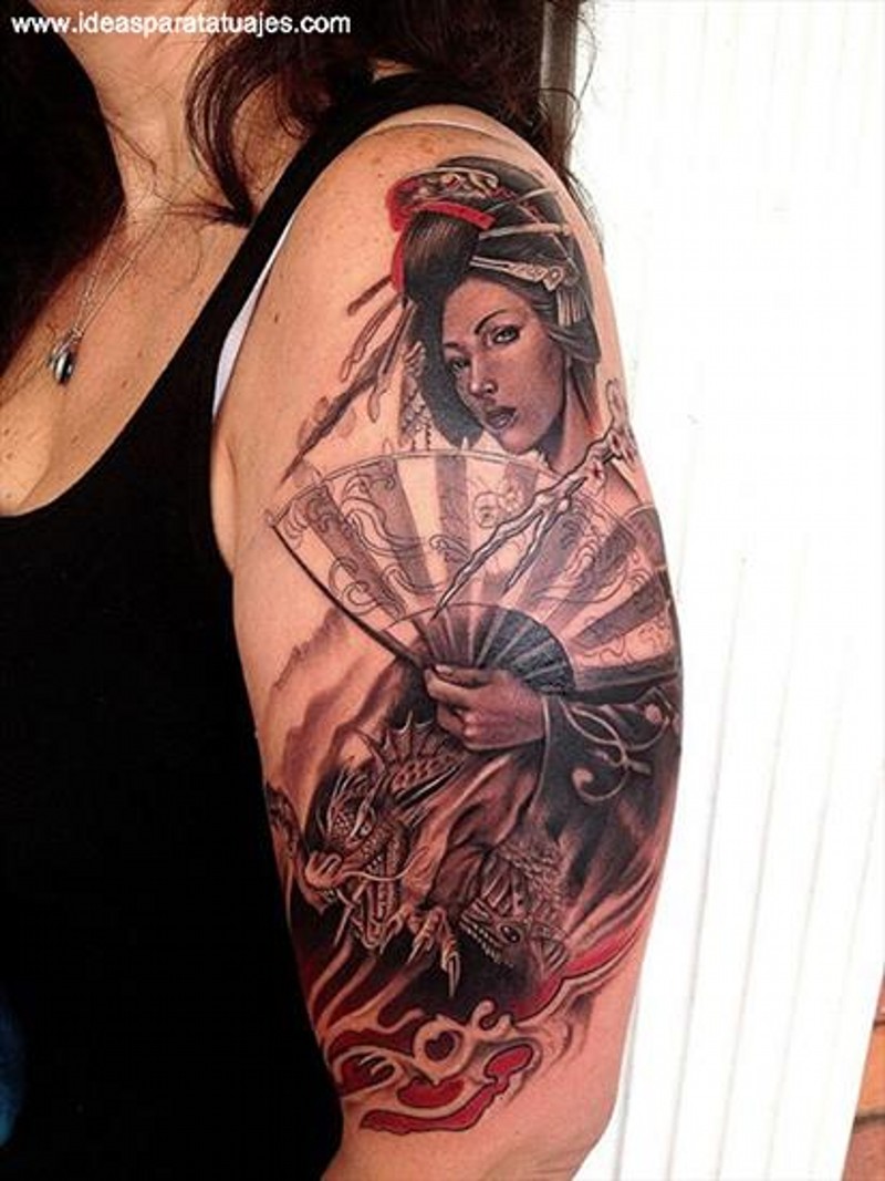 Magnificent very detailed colored Asian woman tattoo on shoulder combined with fantasy dragon