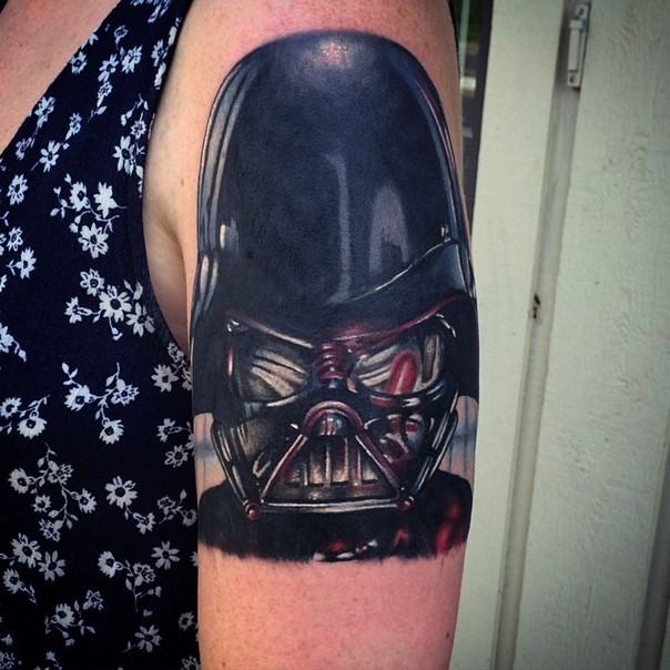 Magnificent very detailed colorful bloody Vaders mask tattoo on shoulder