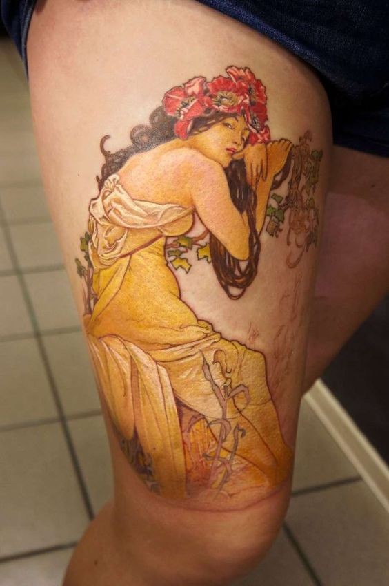 Magnificent very detailed colorful thigh tattoo of seductive woman with flowers