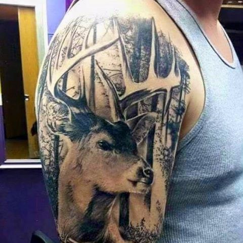 Magnificent very detailed realism style shoulder tattoo of beautiful deer in forest