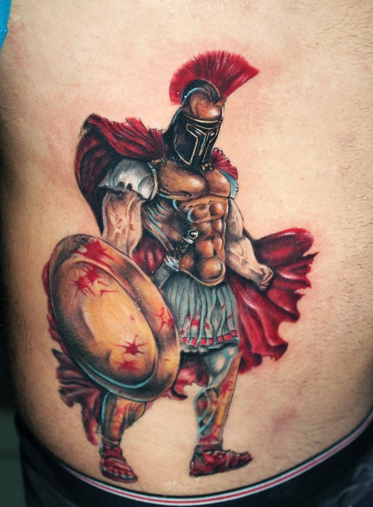 Tatuaje  de guerrero espartano majestuoso de cuerpo entero con escudo en sangre, dibujo realista 3D