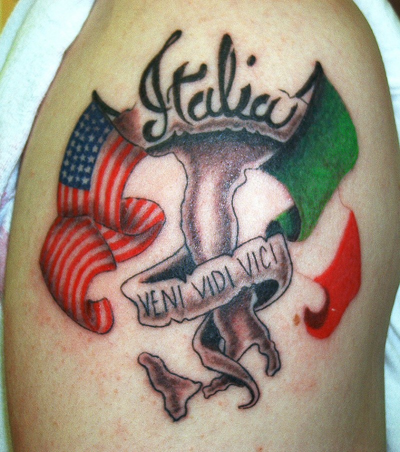 Map of italy and flags of usa and italy tattoo
