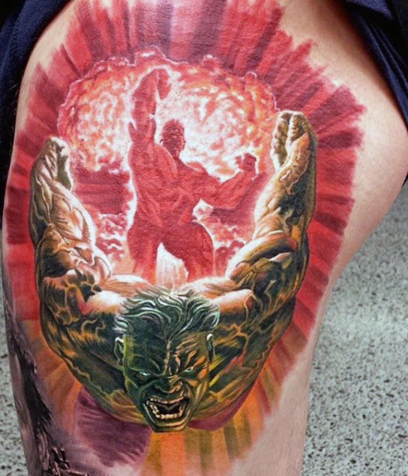Marvel superhero world themed thigh tattoo of furious Hulk