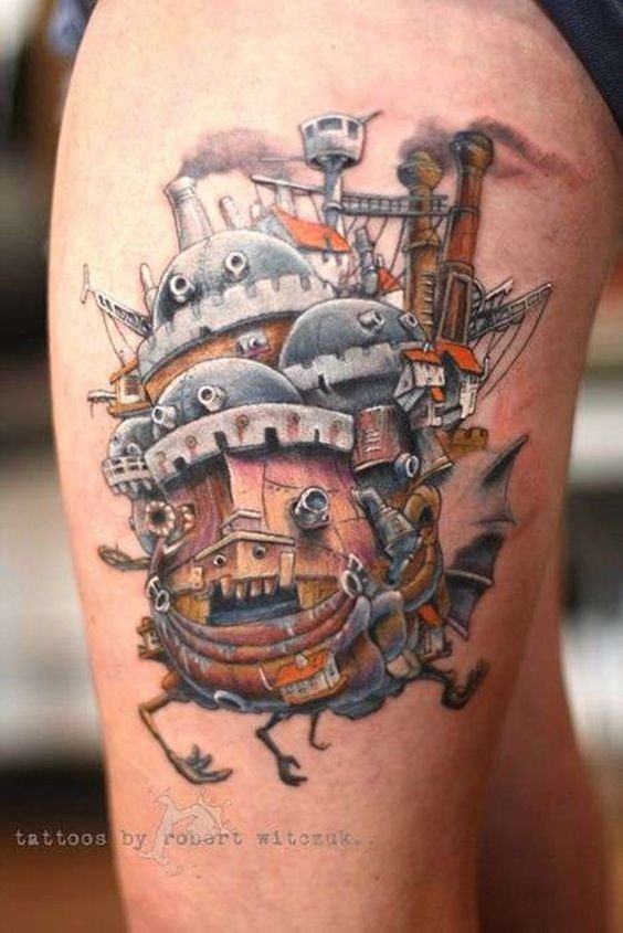 Marvelous 3D style colored mechanical flying robot tattoo on thigh