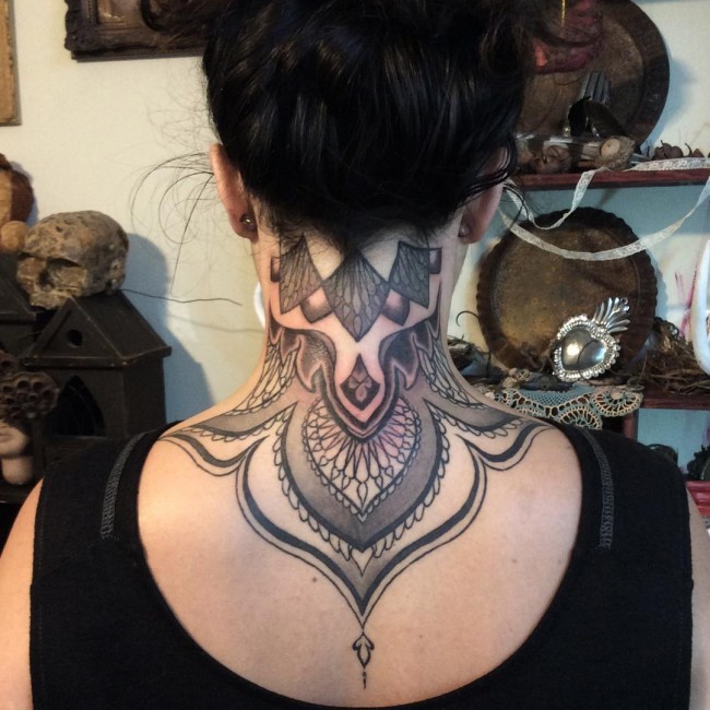 Marvelous accurate painted colored Baroque style tattoo on neck and upper back