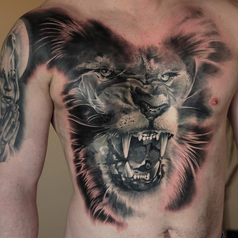 Marvelous black and white 3D style chest tattoo of roaring tiger