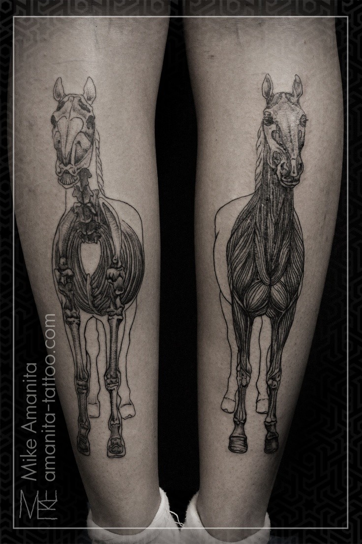 Tatuaje en la pierna, caballos huesudo y musculoso, tinta negra