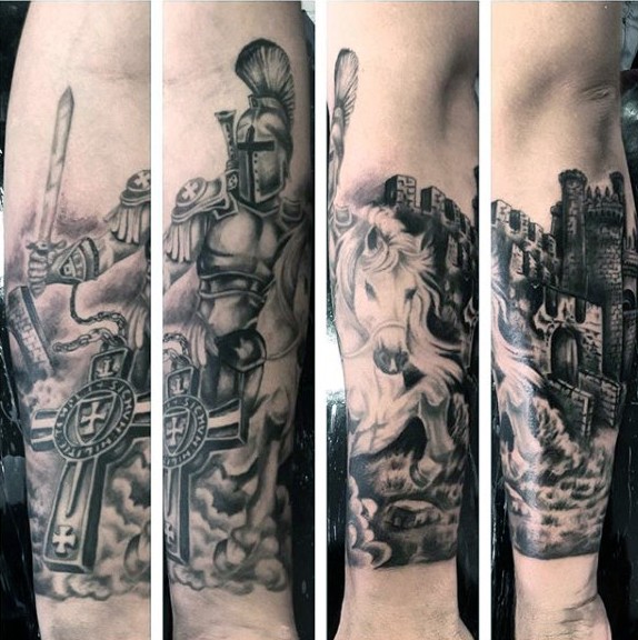 Marvelous black and white detailed medieval knight horse rider tattoo on forearm with old castle