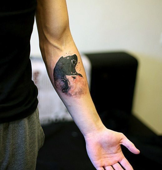 Marvelous black and white forearm tattoo of roaring bears