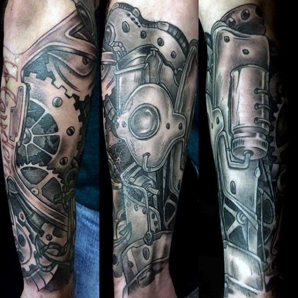 Marvelous black and white forearm tattoo of old mechanical device