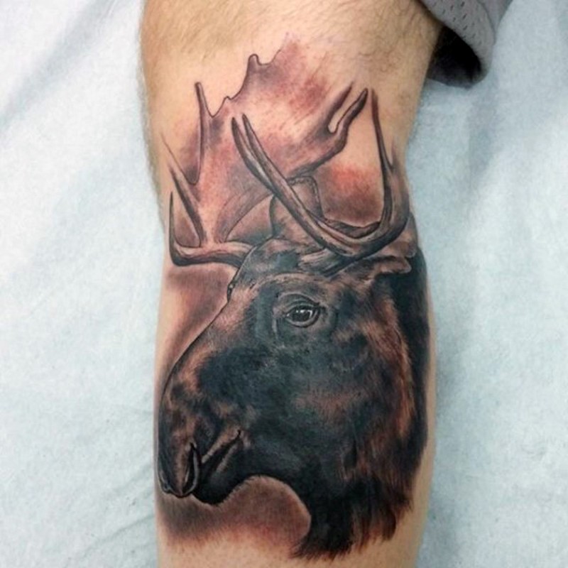 Marvelous black and white leg tattoo of detailed elk head