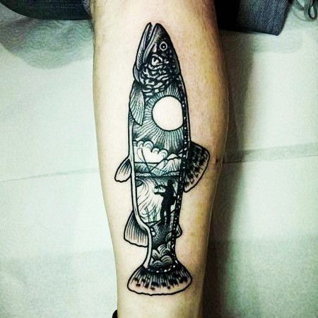 Marvelous black ink engraving style leg tattoo of big fish stylized with fisherman