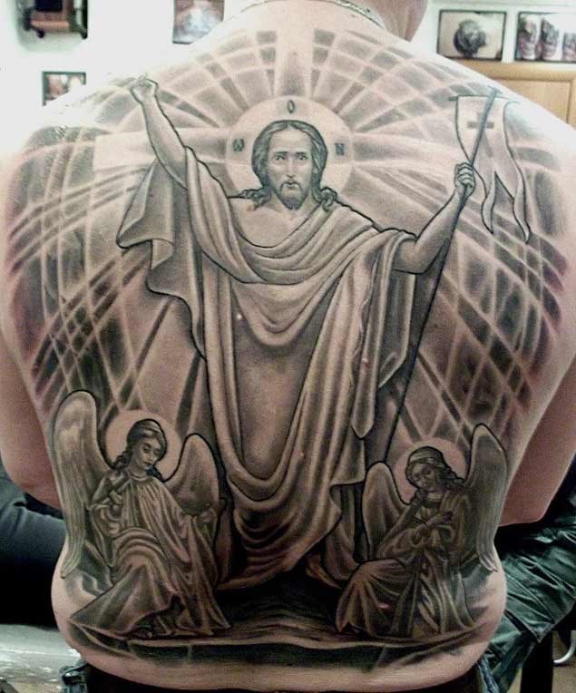 Marvelous colored and detailed whole back tattoo of angelic statues and God