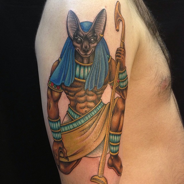 Marvelous colored big shoulder tattoo of Egypt God Seth