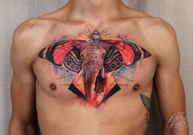 Marvelous colored chest tattoo of elephant with butterfly with mystic eye