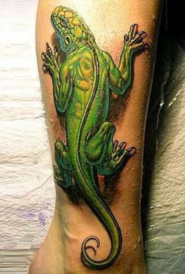 Marvelous colored leg tattoo of big green lizard