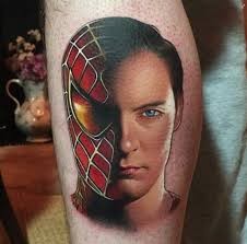 Marvelous colored leg tattoo of spider man face with mask