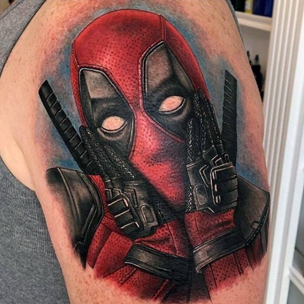 Marvelous colored shoulder tattoo of funny Deadpool