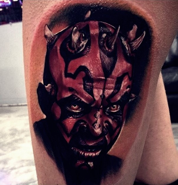 Marvelous colored very detailed big thigh tattoo of Darth Maul portrait
