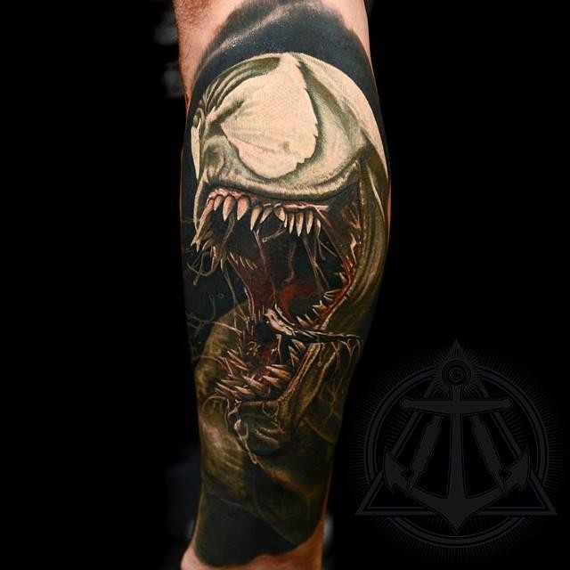 Marvelous colored very detailed forearm tattoo of comic books Venom