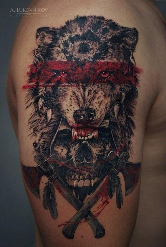 Marvelous colorful 3D style shoulder tattoo of old Indian skull with wolf helmet and crossed axes
