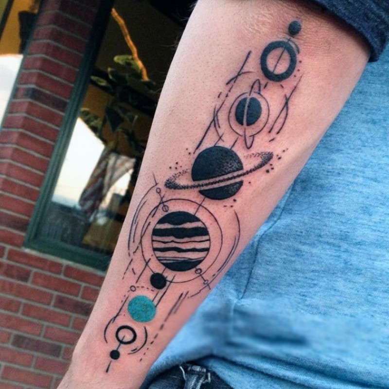 Marvelous designed multicolored planet parade tattoo on arm