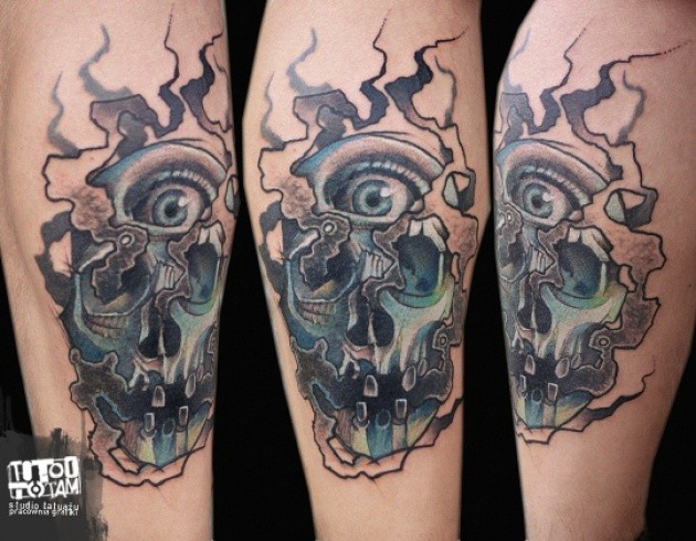 Marvelous illustrative style colored leg tattoo of human skull