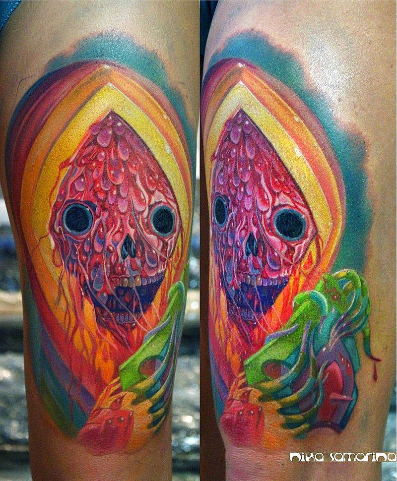 Marvelous illustrative style colored thigh tattoo of monster plant