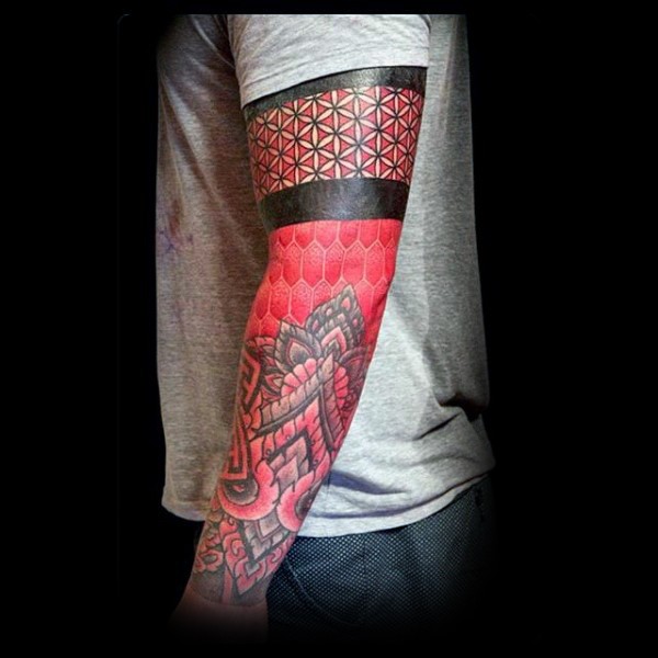 Marvelous large colored sleeve tattoo of ontic tribes ornaments