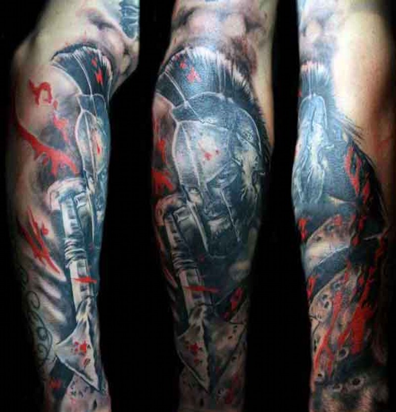 Marvelous looking colored bloody Spartan king tattoo on forearm