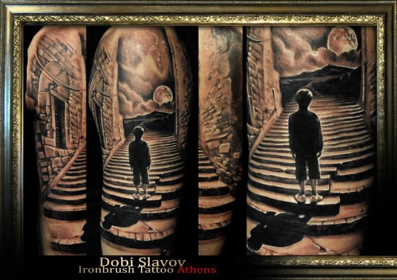Marvelous natural looking colored lonely boy on antic stairs tattoo