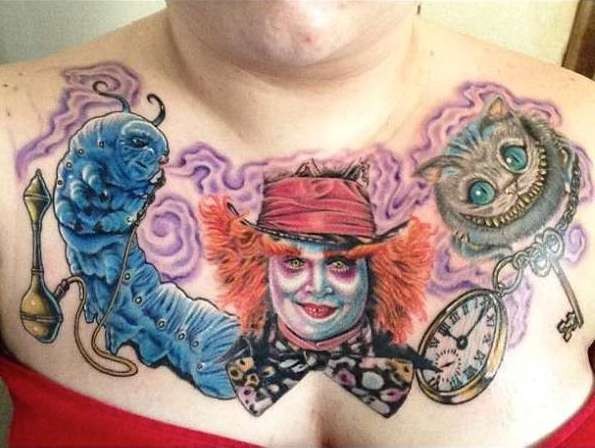 Marvelous painted detailed looking colored Alice in wonderland various heroes tattoo on chest