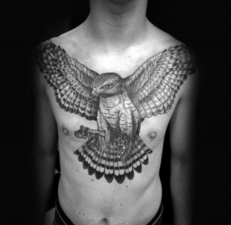 Marvelous very detailed black and white chest tattoo of flying eagle