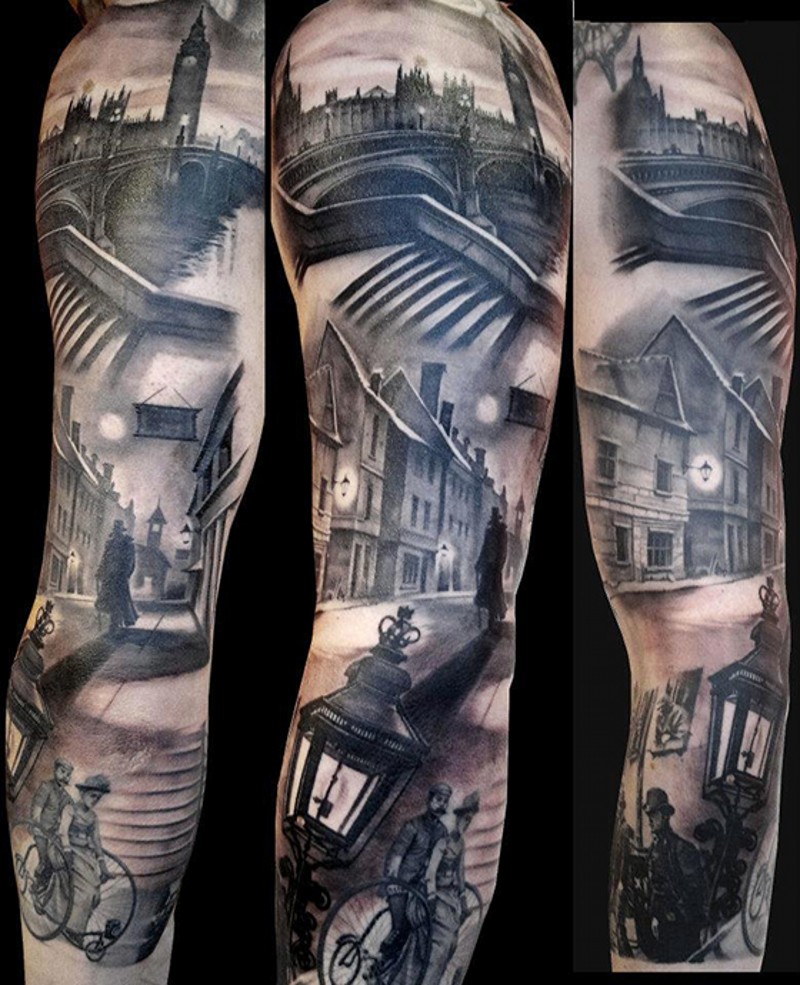 Marvelous very detailed black and white night antic London tattoo on sleeve
