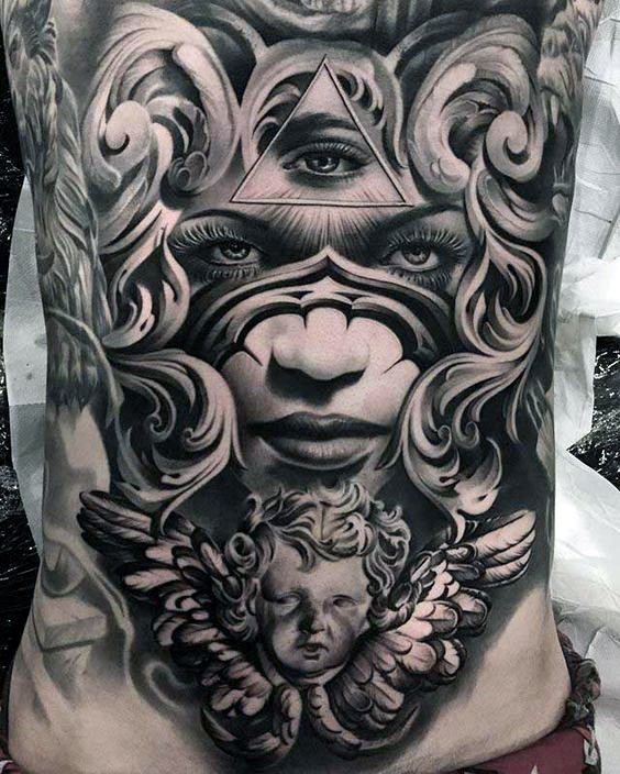Marvelous very detailed chest and belly tattoo of mystical woman portrait with little angel