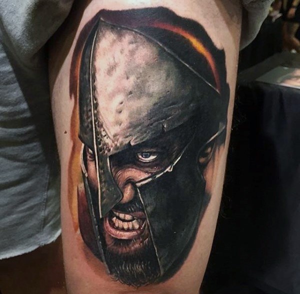 Marvelous very detailed colorful Spartan warrior tattoo on forearm