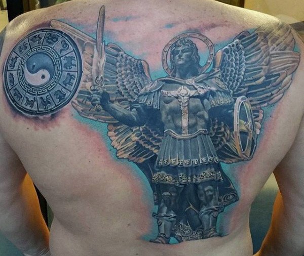 Marvelous very detailed massive angel warrior tattoo on whole back combined with little Asian symbol