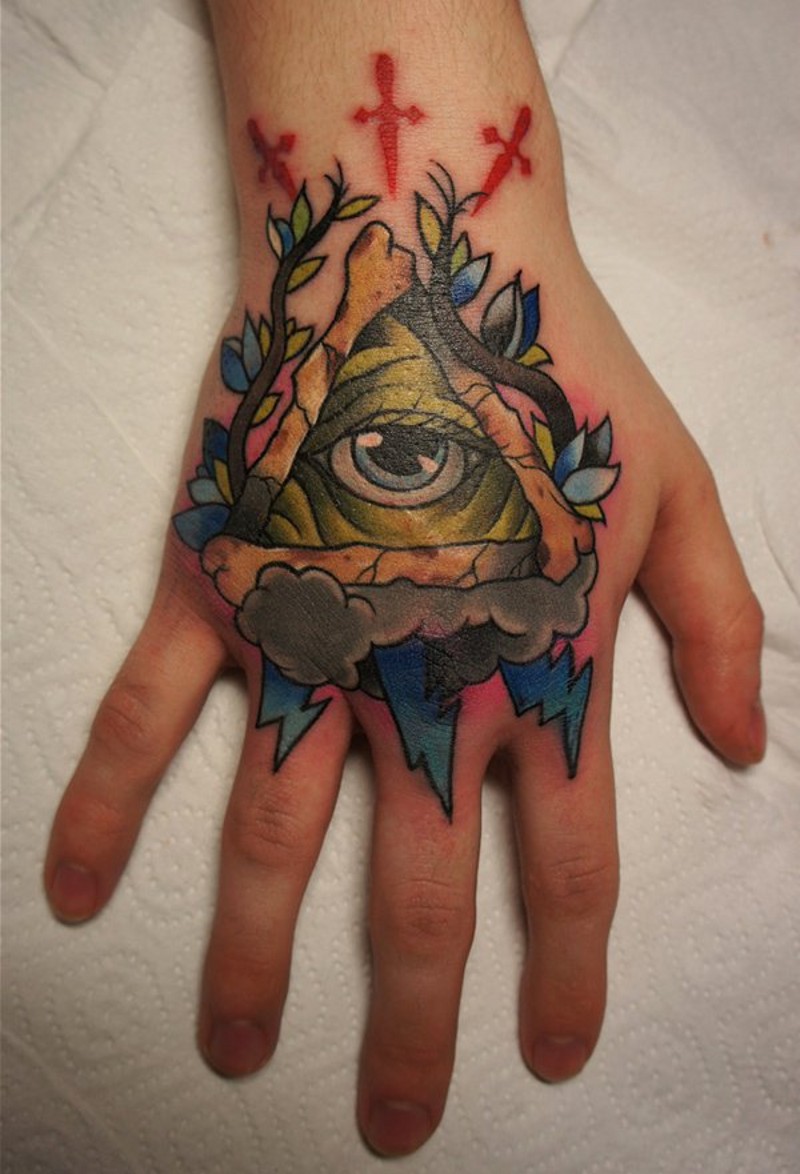 Masonic style colored little tattoo on hand