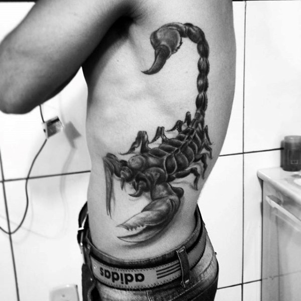 Massive 3D like very detailed black scorpion tattoo on side