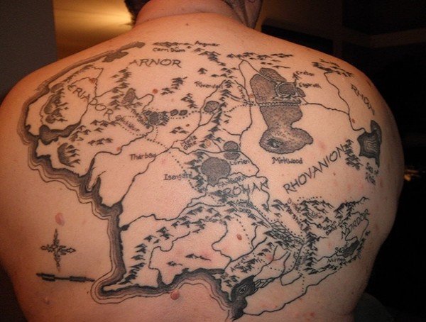 Massive 3D style painted colored world map back tattoo of Lord of the rings