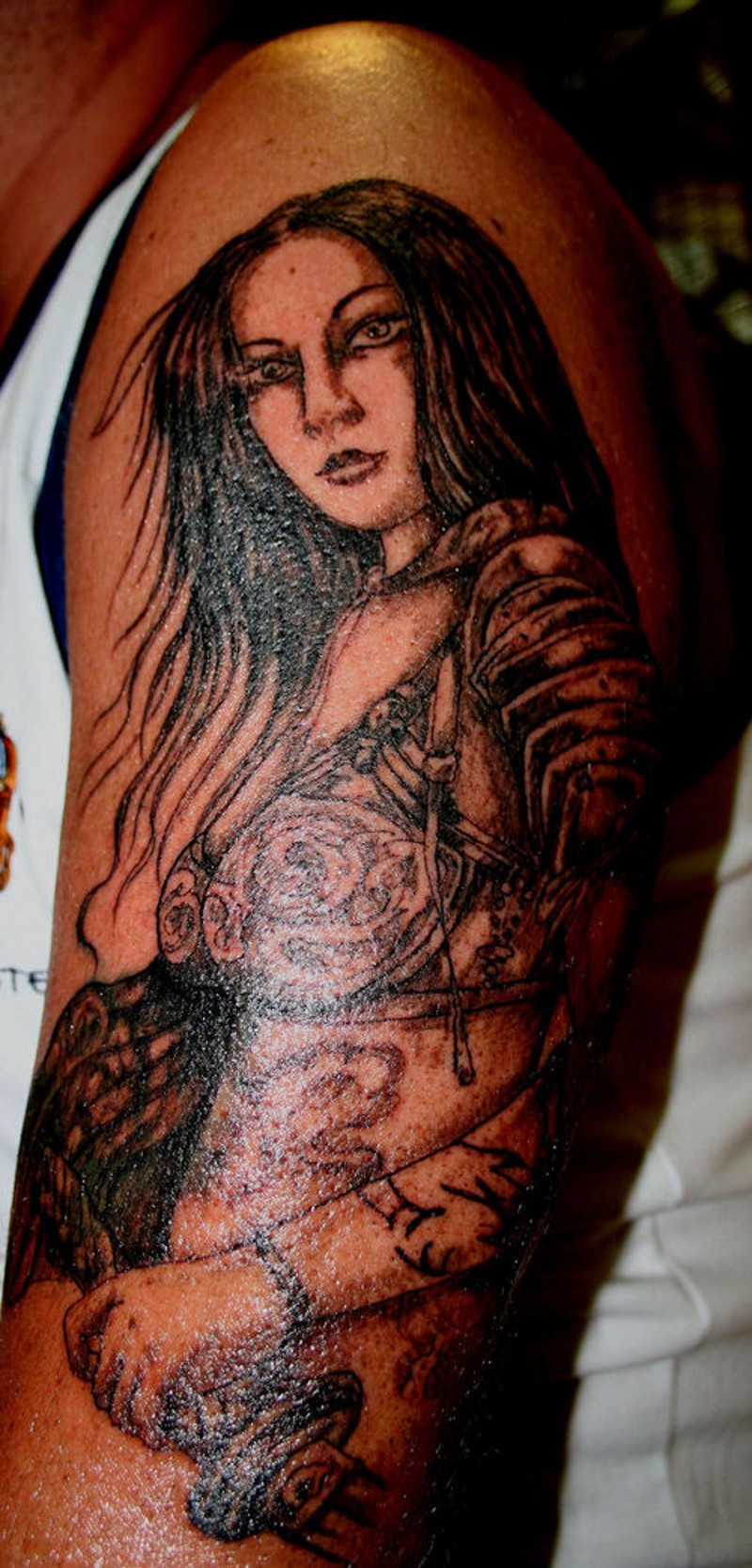 Massive accurate painted black ink shoulder tattoo of seductive geisha woman