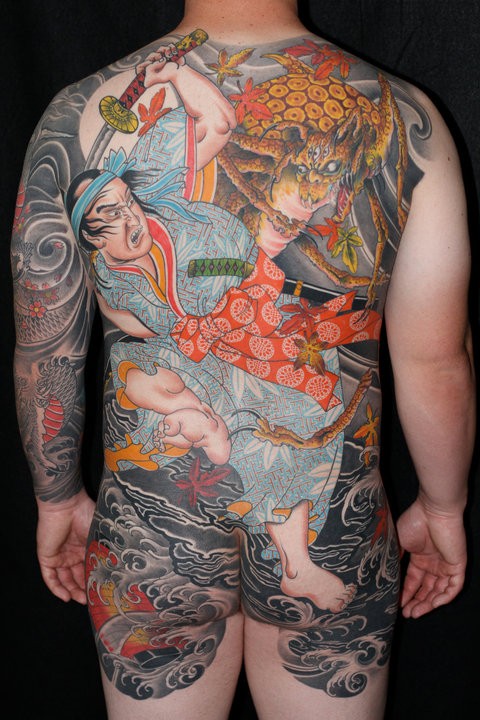 Massive Asian style colored warrior fighting the beast tattoo on whole body