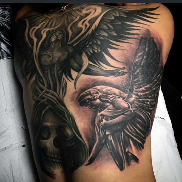 Massive black and white back tattoo of mystical angels and human skull in hood